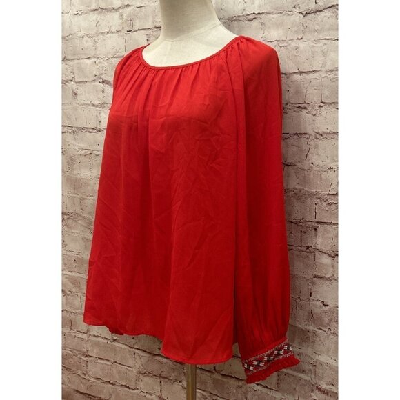 Crown & Ivy Womens XS Red Blouse Round Neck Long Sleeve Beaded Sequin Cuff NEW - Picture 2 of 4